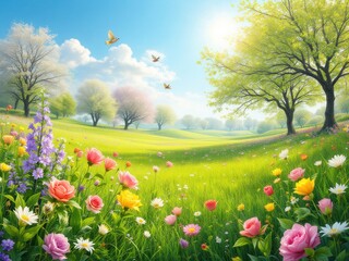 Fototapeta premium Vibrant spring landscape with blooming flowers in a sunny meadow