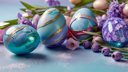 Background for Easter greetings: Composition of Easter eggs and flowers in blue, purple, pink, turquoise tones. 