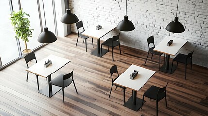 Modern Restaurant Interior Design with White Tables and Black Chairs