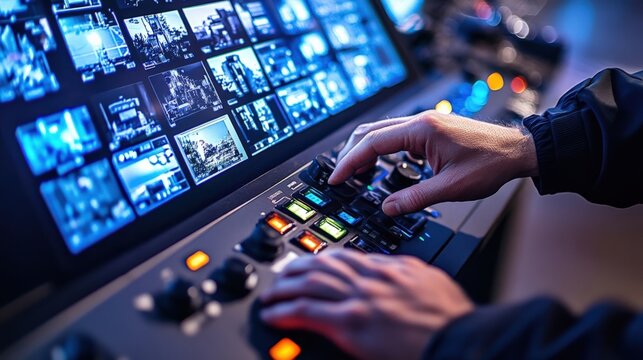 A closeup of a technicians hands manipulating a sleek joystick controller designed for a PTZ camera system. The controller is illuminated with LEDs showing active functions while a