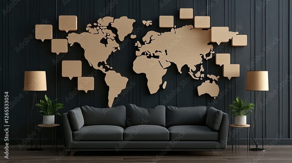 Poster experience a visual representation of a global network connection map featuring location signs in an