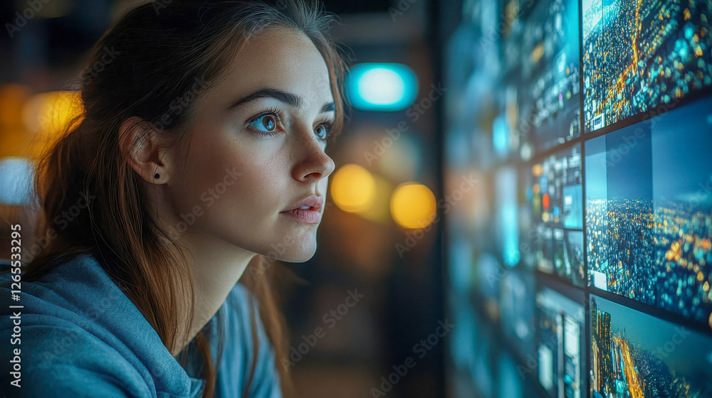 Poster a woman monitoring multiple security camera feeds on a high-tech digital display
