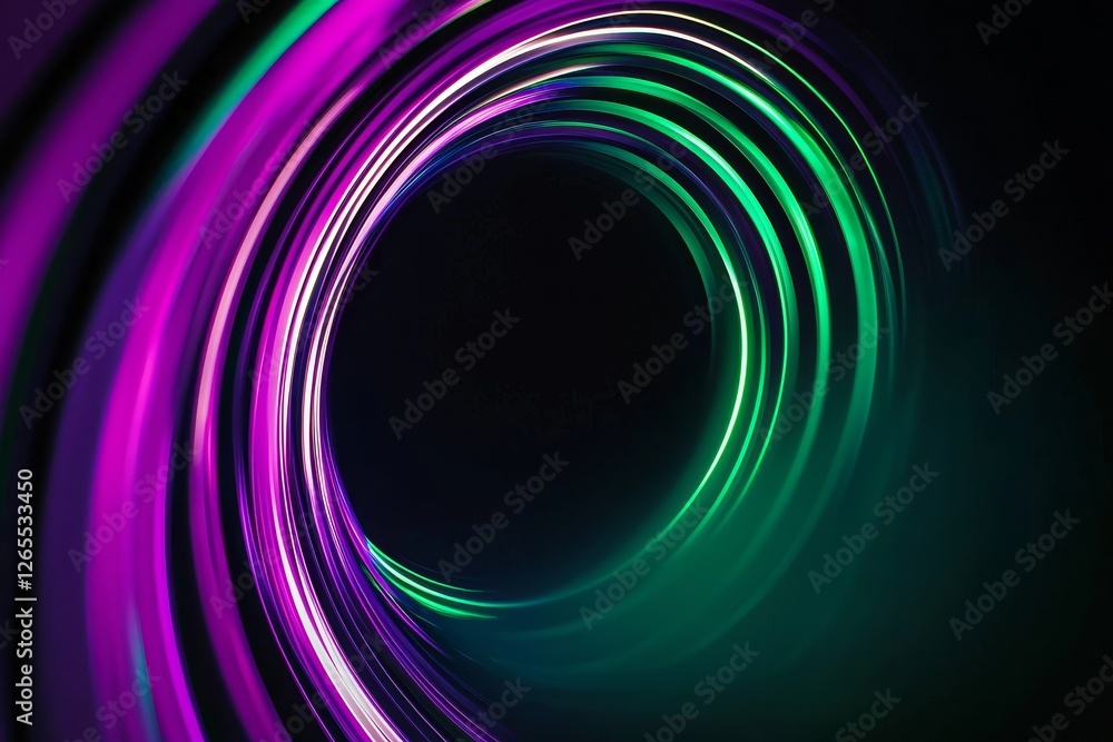 Poster Purple and green glowing neon color circles round curve shape with wavy dynamic lines isolated on black