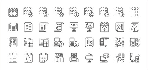 Business calendar schedule thin line icon set. Finance and accounting icons. Icon set contains symbol of plan, strategy, calculator, agenda, financial, billing, event alert, profit, invoice, statement