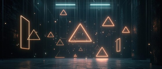 Obraz premium Abstract Geometric Shapes with Neon Triangles and Glowing Lines in Dark Background