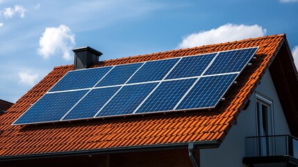 Modern house with solar panels on gable roof, clean design, natural light, sustainable living concept.