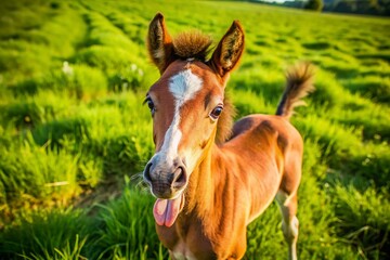 Fototapeta premium Adorable Foal Pony Sticking Out Tongue - Drone Aerial View
