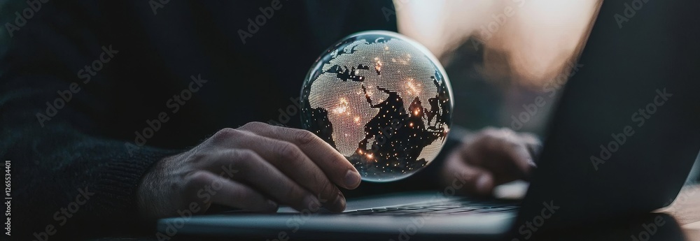 Poster Laptop and mobile device of a businessman connected to quantum computing applications, quantum communication systems, quantum encryption technology, and quantum data analytics over a global network.