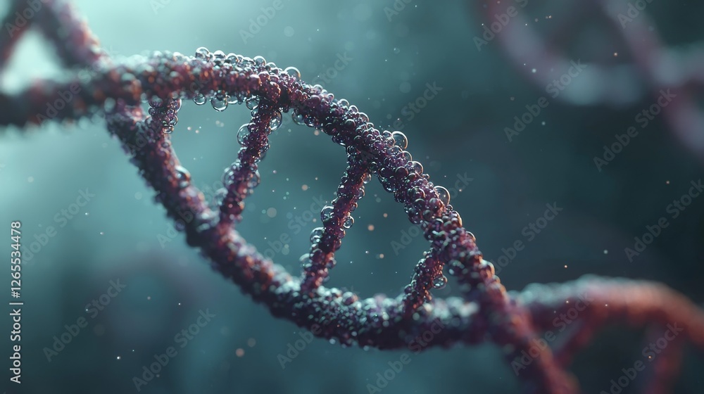 Leinwandbilder It features a DNA double helix in a sparkling blue and purple color scheme against a blurry backdrop of volumetric lighting.