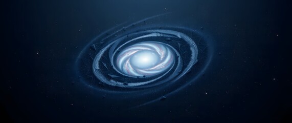 A low-poly 3D model of a galaxy wallpaper, composed of many small triangles and gradients of dark blue, black, and light grey, forming a digital approximation of a spiral galaxy.