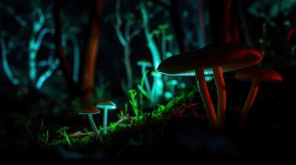 Enchanted Forest Mushrooms Glowing in the Dark Night Photography