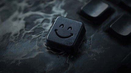 A macro photograph of a keyboard key with a smiley face but redesigned with a unique curved style, smooth matte surface, moody soft lighting