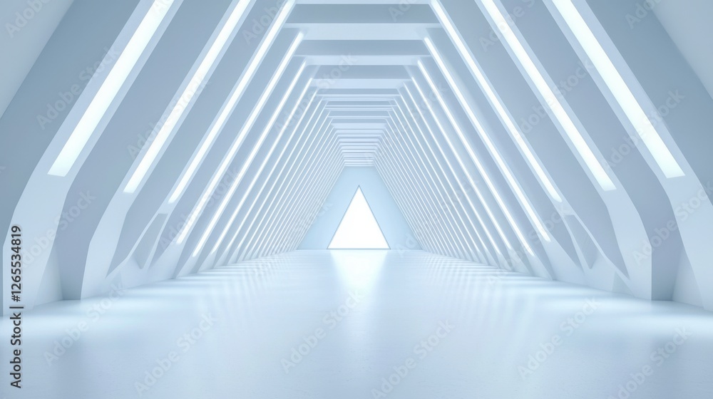 Poster futuristic white hallway with geometric design and soft lighting leading to a bright triangular exit