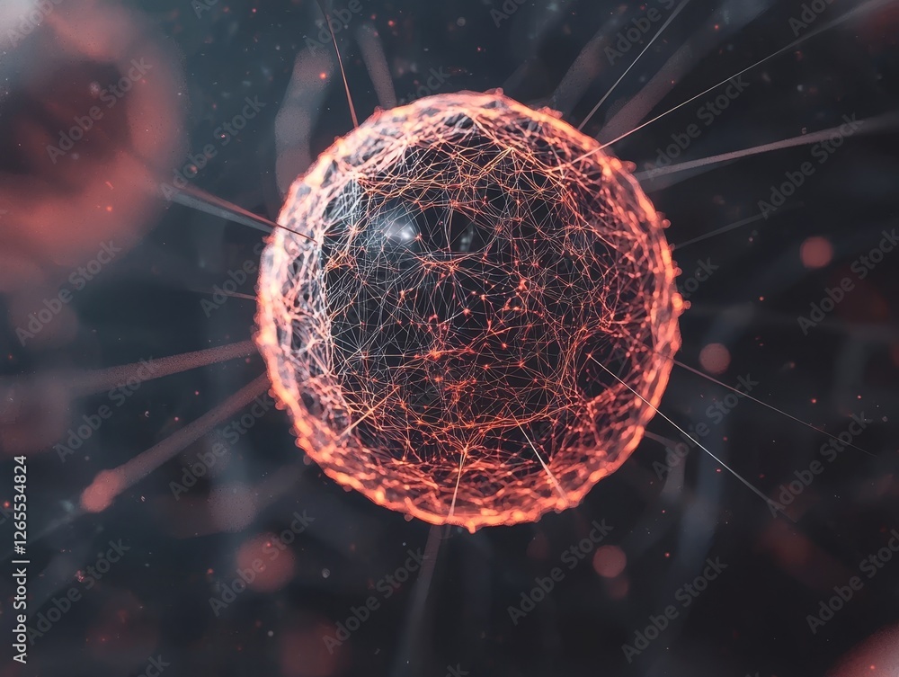 Poster digital landscape with glowing sphere of quantum superposition