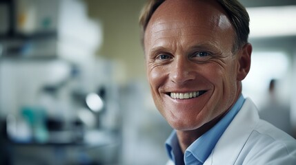 Fototapeta premium Smiling veterinarian exudes warmth and care, embodying compassion in animal healthcare.