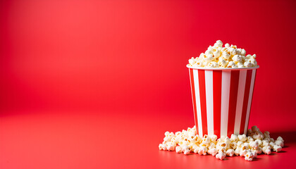 Popcorn in striped bucket on vibrant red background - movie night