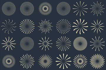 Set of round sunburst, line editable sun frame. Radial circle lines. Firework black explosion.