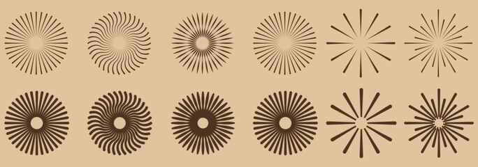 Set of round sunburst, line editable sun frame. Radial circle lines. Firework black explosion.