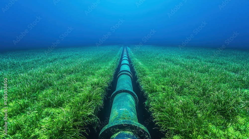 Poster underwater pipeline surrounded by seagrass in an oceanic environment with sunlight filtering through
