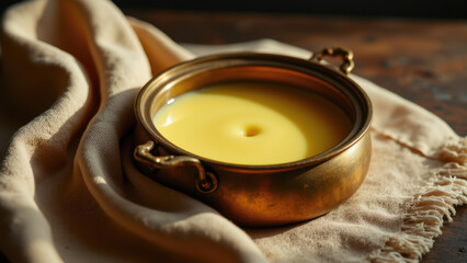 Obraz premium A close-up of a golden container filled with yellowish substance on a textured cloth.