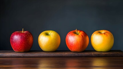 Four Ripe Apples on Rustic Wooden Surface Against Dark Background