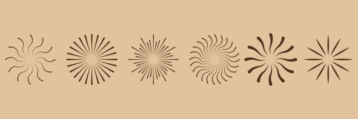 Sunburst, sun light ray. Vintage graphic set of light rays, sunburst and rays of sun. Hand drawn black design elements, linear drawing, vintage retro style on background.  1176