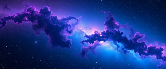 A detailed space wallpaper featuring a nebula in vibrant blues, purples, and pinks, rendered in a photorealistic style with a wide cinematic framing, showcasing swirling gas clouds.