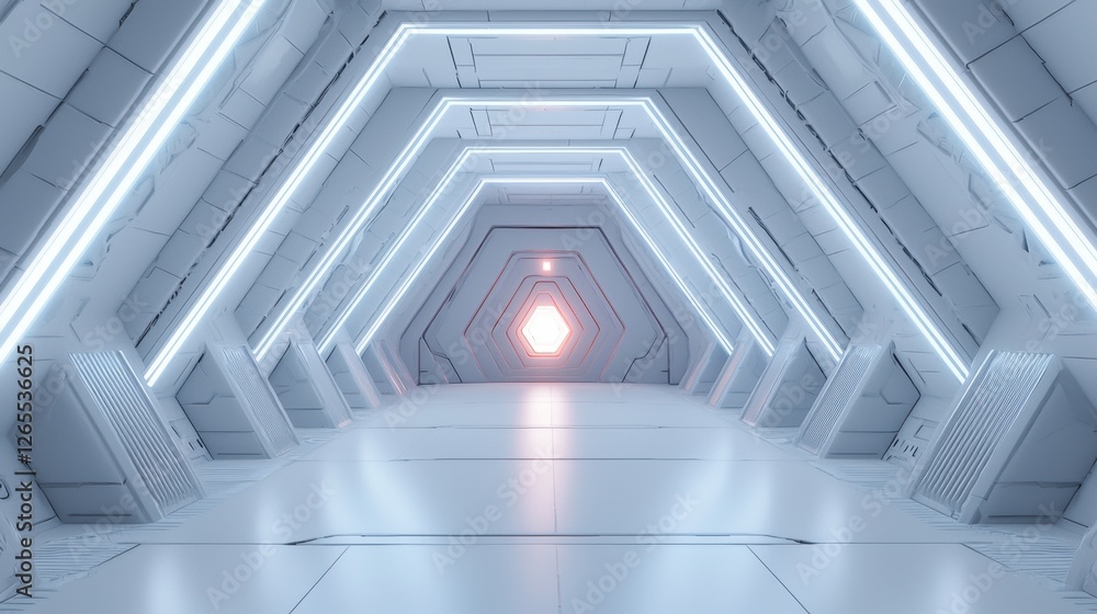 Poster futuristic sci-fi corridor with symmetrical design and glowing lights in a high-tech environment