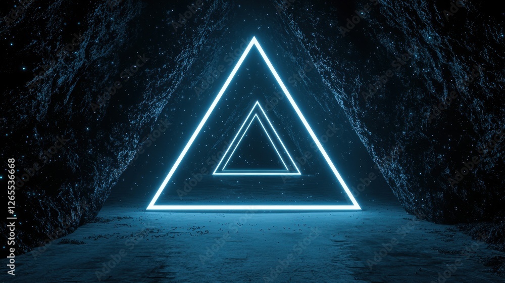 Poster futuristic glowing triangular shapes in a dark cave with shimmering stars creating a mystical atmosp