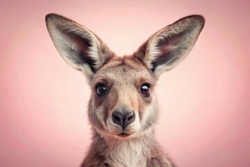 Fototapeta premium Adorable Kangaroo Close-Up Portrait, Pastel Pink Background - Vintage Style Stock Photo