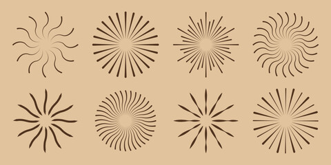 Sunburst, sun light ray. Vintage graphic set of light rays, sunburst and rays of sun. Hand drawn black design elements, linear drawing, vintage retro style on background.  1176