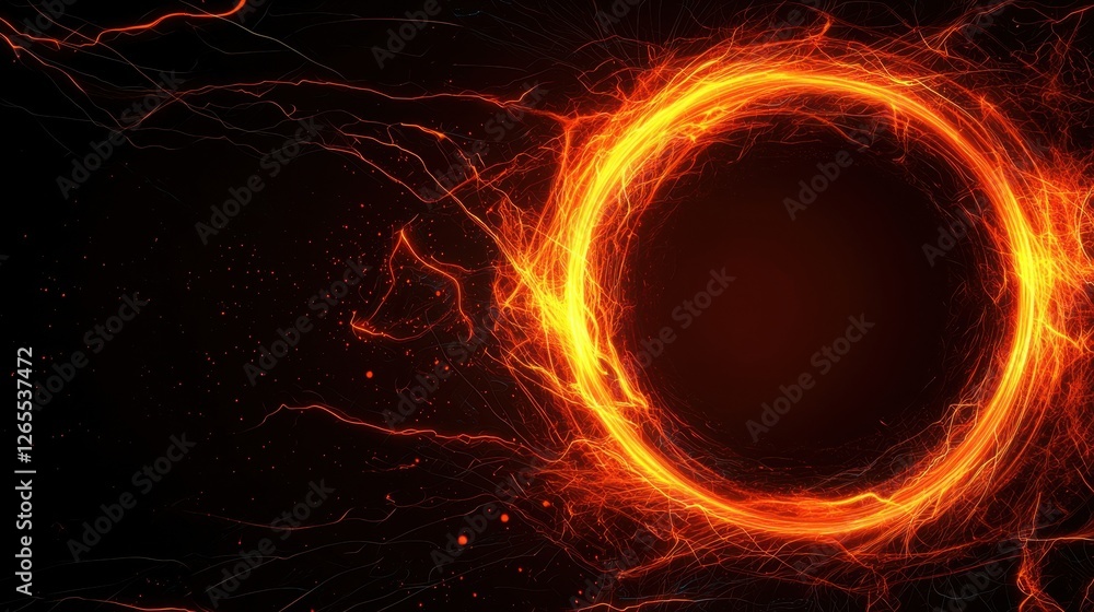 Poster abstract fiery ring with glowing lines and sparks on a dark background, representing energy, motion,