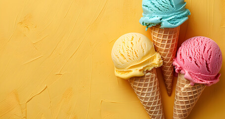 Three cones of multi-colored ice cream on a yellow background