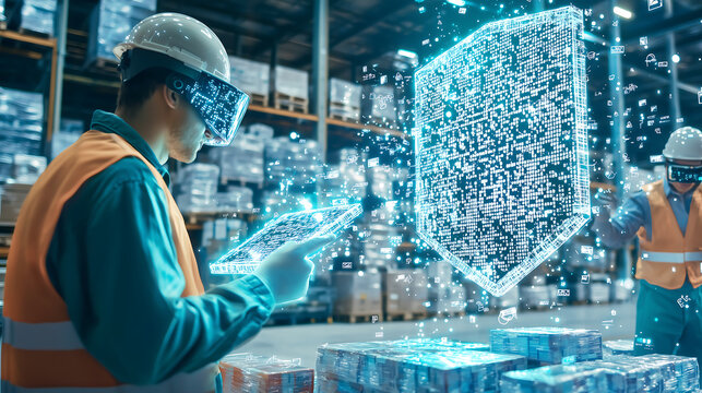Warehouse worker using augmented reality and smart technology for inventory management cybersecurity and logistics efficiency with a futuristic holographic interface in a modern industrial setting