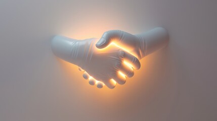 Glowing 3D financial logo with a stylized handshake, symbolizing partnership, on a soft white background.