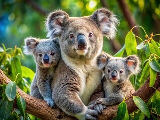 Obraz premium Adorable Koala Family Cuddling in Eucalyptus Tree - High-Resolution Stock Photo