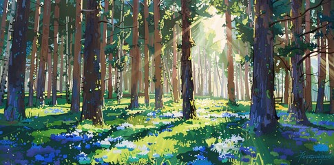 A vibrant digital painting of a sunlit forest floor.