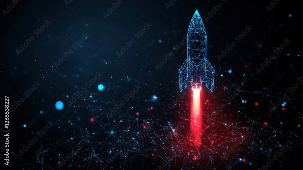 Poster futuristic rocket launch in a digital space with glowing connections and abstract network background