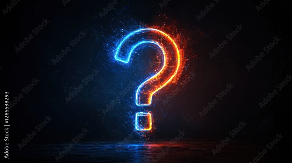 Poster glowing blue and orange question mark symbolizing curiosity and inquiry on dark background with ligh