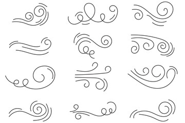 A set of vector icons of blowing wind and sea waves. A symbol of windy weather. 1176