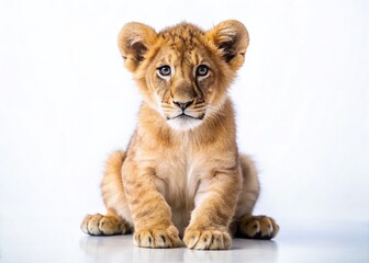 Obraz premium Adorable Lion Cub, Long Exposure, White Background Stock Photo