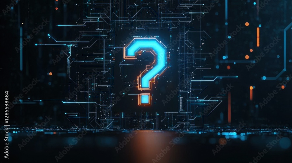 Poster mysterious digital question mark in futuristic circuit background for technology and innovation them