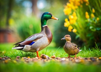 Adorable Mallard Ducks Enjoying Birdseed in Backyard - Tilt-Shift Photography