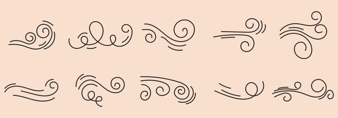 A set of vector icons of blowing wind and sea waves. A symbol of windy weather. 1176
