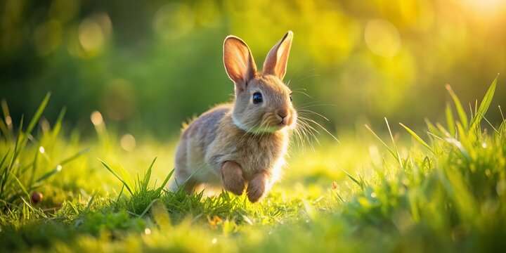 Adorable Little Bunny Hopping in Spring Meadow - Rule of Thirds Composition