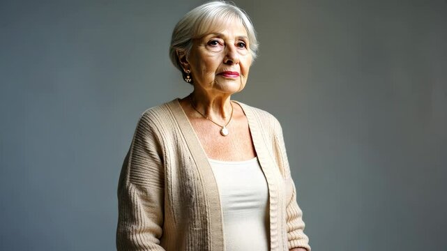 A dignified elderly woman with silver hair, wearing a beige cardigan, looking thoughtfully into the distance against a soft neutral background. Ideal for themes of wisdom, aging gracefully, and life e