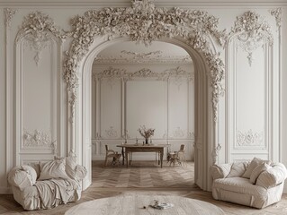 Ornate archway interior, elegant dining area, spacious room, beige decor, high-end design, timeless style, potential stock photo