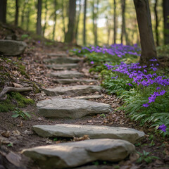 Obraz premium A stone path winds through the forest, with purple flowers growing on both sides. 