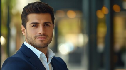 A focused businessman in a navy blazer exudes professionalism and determination.