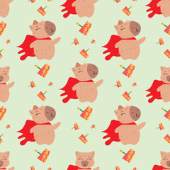 Seamless superhero birthday pattern with capybara characters in red capes and festive cake elements on a light green background. Perfect for birthday designs, party decorations, and wrapping paper